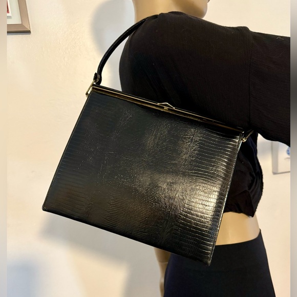 Vintage Black Leather Kelly Bag Reptile Embossed Structured Handbag - Picture 2 of 10